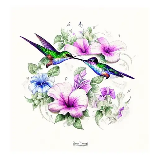 A Music Sheet With Hummingbirds And Petunias As Notes