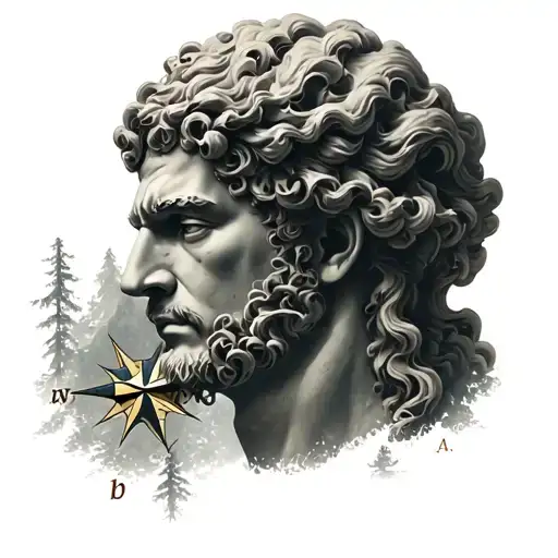 Head Of Herkules Kassel Between Forest Clearing And At The Bottom A Compass In A Sea