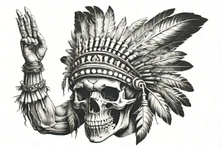 Skull Wearing A Native American Head Dress Extended Arm Reaching