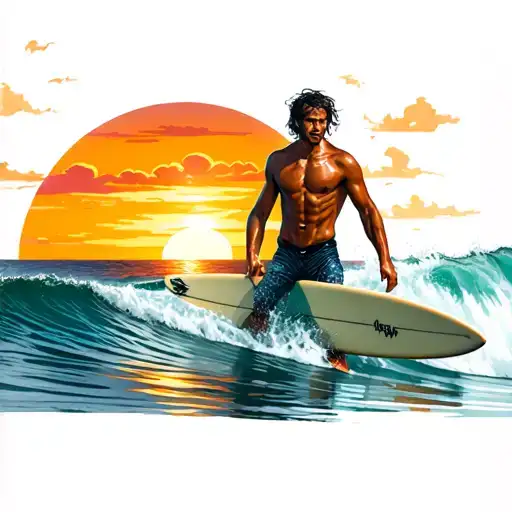 Surfer With A Sunset And His Board