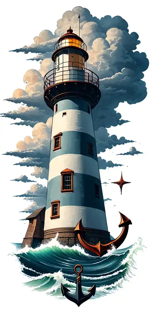 Lighthouse With Clouds Above It And A Anchor Under The Lighthouse Under Waves
