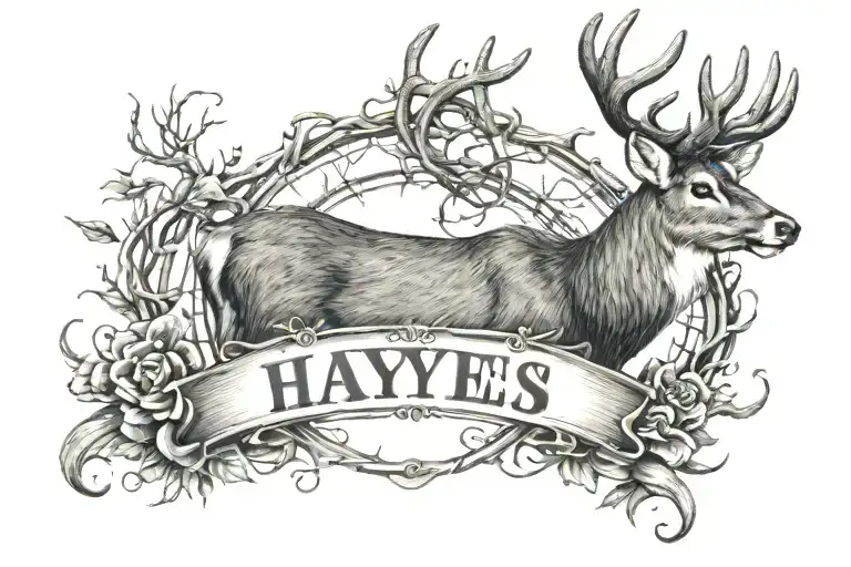 Last Name Hayes With Deer Head As Y And Barbwire Through Name