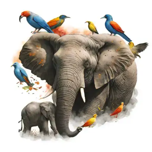 A Realistic Portrait Of A Majestic Elephant Surrounded By A Flock Of Colorful Wild Birds In Flight