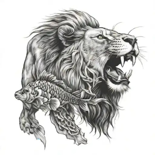 Lion With A Koi Fish In Its Mouth