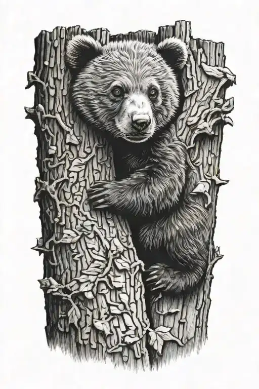 Bear Cub Climbing Tree Trunk