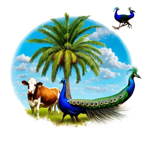 Palmyra Palm Tree With Sky And Peacock With Cow Being Abducted