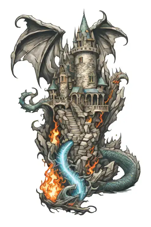 Broken Castle And Dragon Breathing Fire