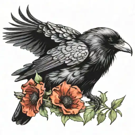 A Raven With Green Eyes Bordered By Red Poppies