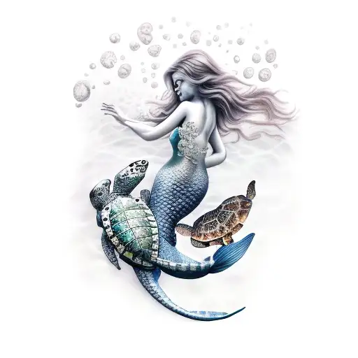 A Realistic Mermaid Swimming With A Sea Turtle In A Magical Underwater Kingdom