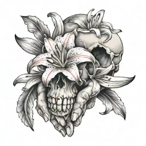 Skull And Hands Holding A Pink And White Lilly In Its Palm