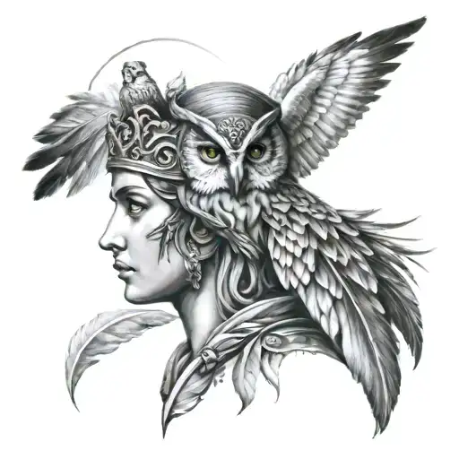 Goddess Athena With Owl Amd Feathers