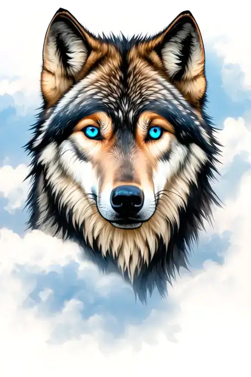 Wolf Portrait With Blue Eyes And Clouds Behind It