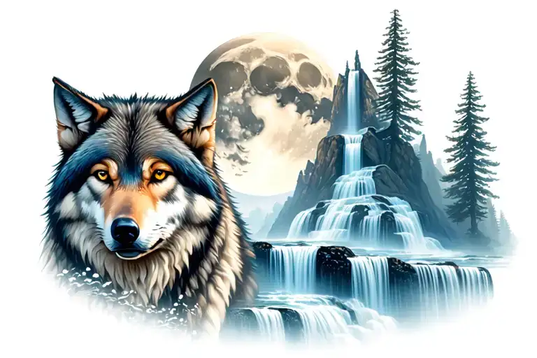 Wolf With Moon Waterfall Flowing