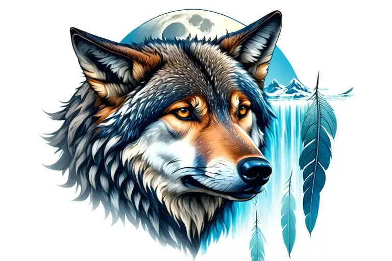 Wolf With Moon Waterfall Feathers