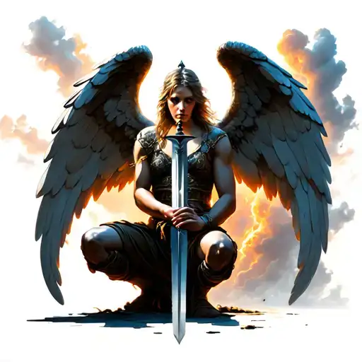 Kneeling Angel Holding A Sword With A Storm In The Background