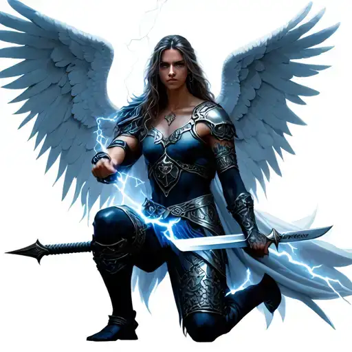 Kneeling Angel Warrior Holding A Sword With Lightning In The Background