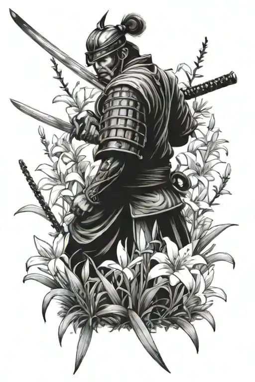A Samurai Warrior With A Sword Planting Plants In A Garden Of Lillys