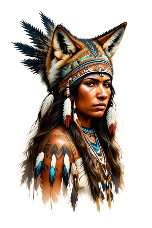Native American Woman With Wolf Headdress