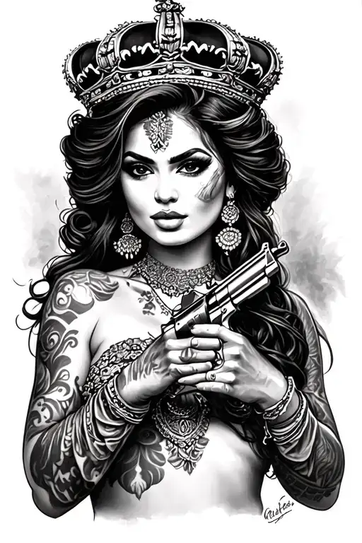 Chicano Lady Portrait With A Gun And Crown