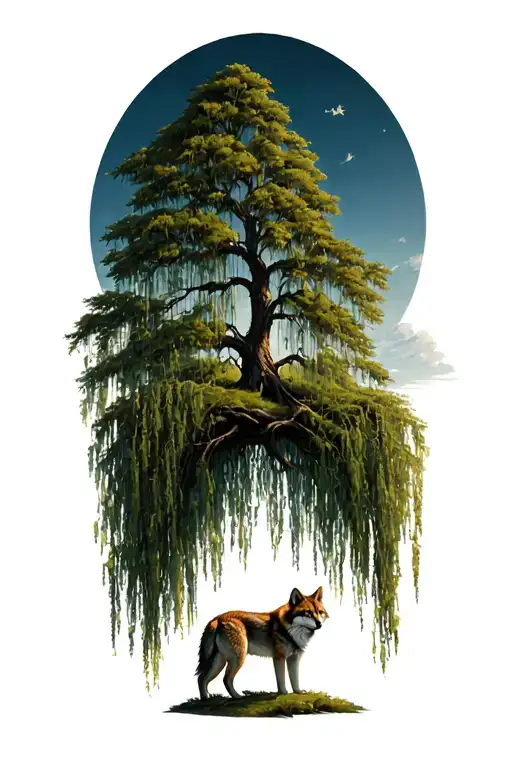 Large Willow Tree With A Small Wolf Underneath It Looking Over Its Shoulder
