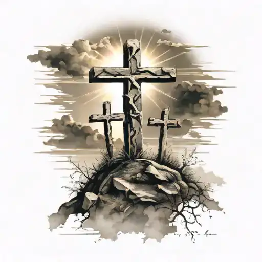 3 Crosses On Hill With Sun Rays Shining