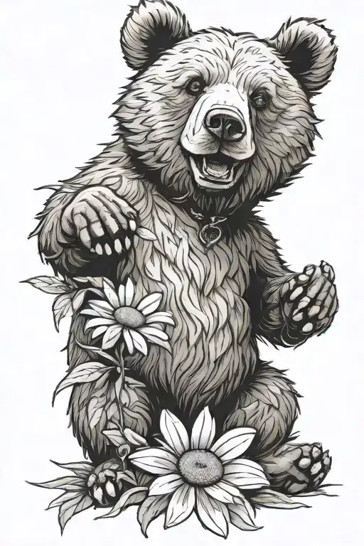 Pappa Bear Holding A Daisy Flower In One Paw And Claws Out On The Other