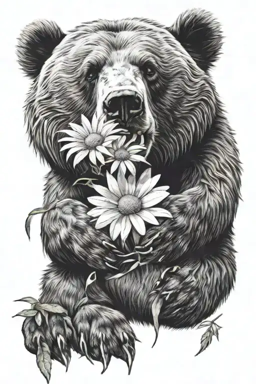 Big Bear Holding A Daisy Flower In One Paw And Claws Out On The Other