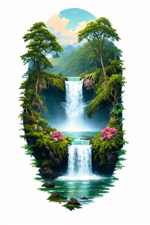 Waterfall Surrounded By Lush Greenery