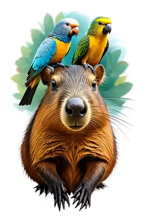 Capybara With Opaline And Grey Chested Quaker Parrot On Its Head