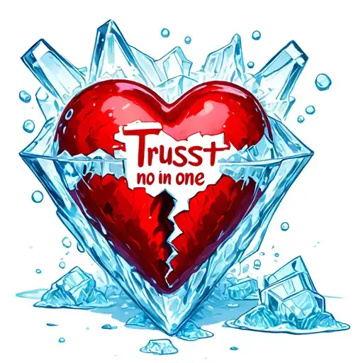 Put Trust No One In Words With Big Broken Heart Trapped In A Icebox With Frozen Ice Around It