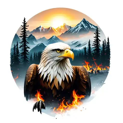Eagle With A View Of Mountains And Burnt Forest Trees Background Looking