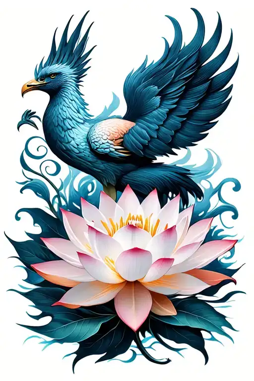 Lotus Flower With A Phoenix And Stargazer Lilies Flames