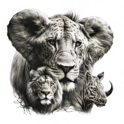 Portraits Of The African Big 5 Animals All In The Continant Of Africa