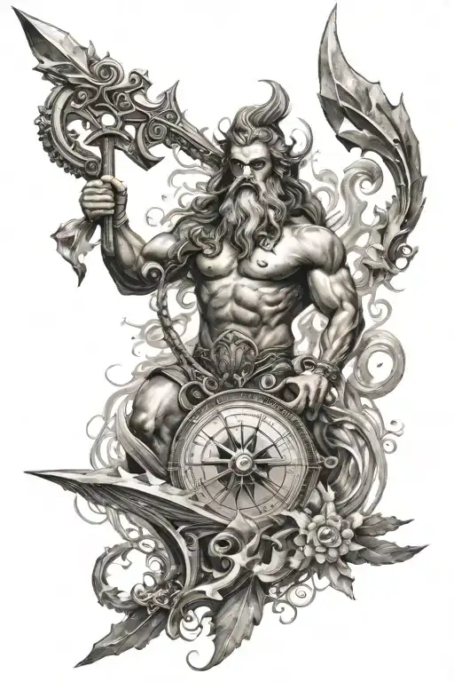 Poseidon With Trident And Compass
