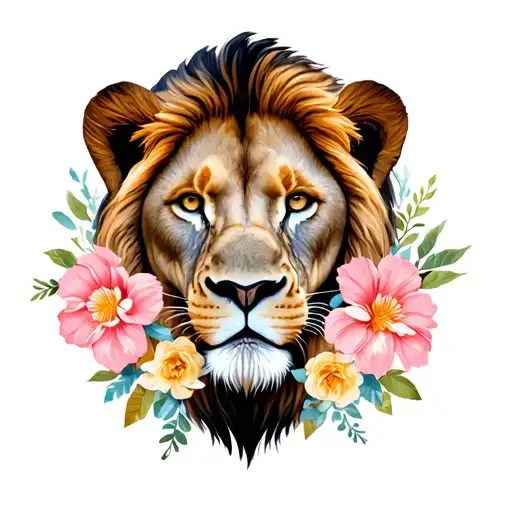 Lion Face And Flowers