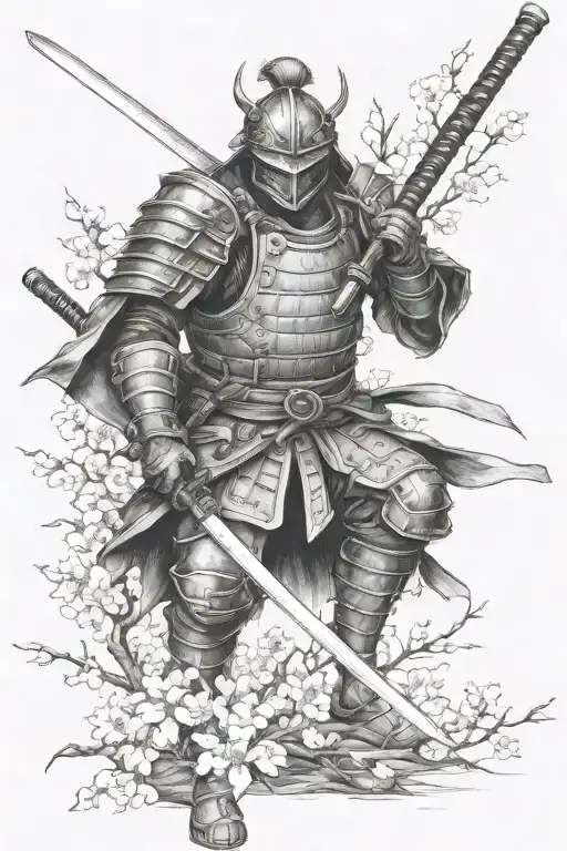 Armored Ronin Silhouette And Scattered Cherry Blossom Branches