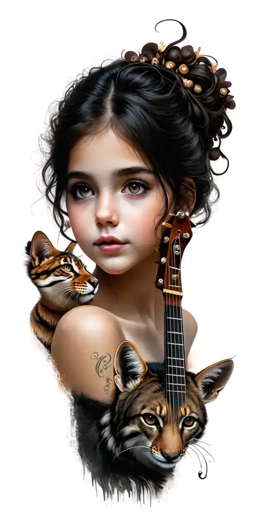 Face Of A Beautiful Girl And Animals Playing Musical Instruments