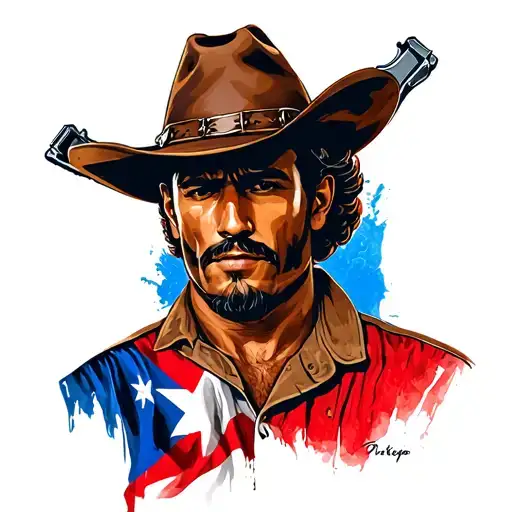 Spanish Mexican Male Cowboy With Guns And Puerto Rican Flag