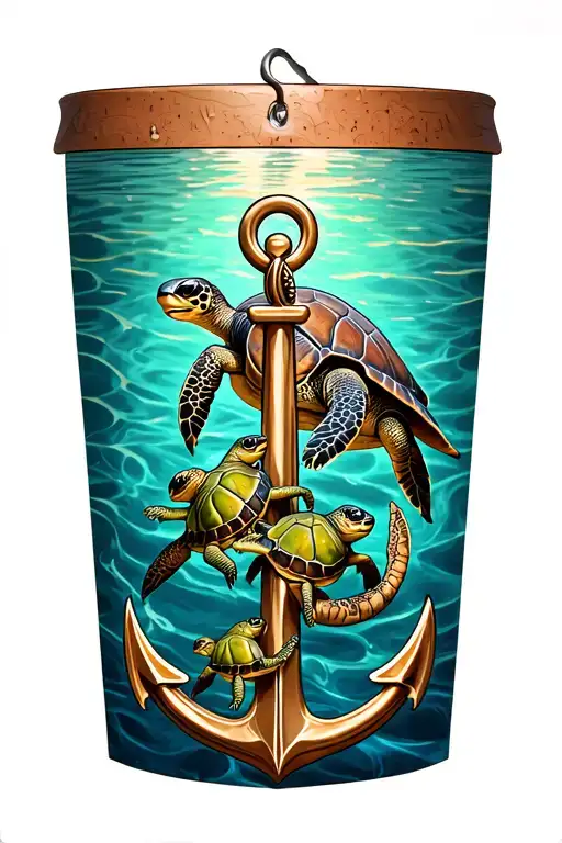 Mama Turtle Towing Anchor With Three Little Turtles