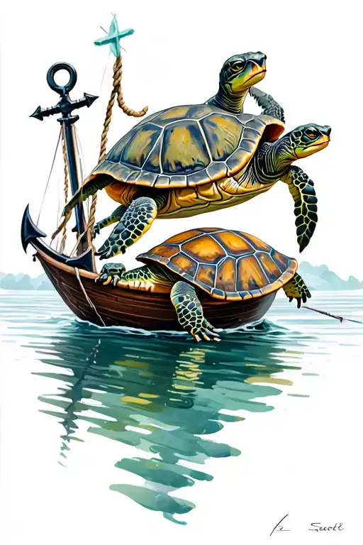 Mama Turtle Towing Rop And Anchor With Three Little Turtles