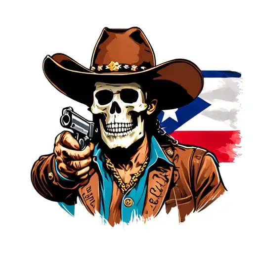Mexican Male Skelton Cowboy With Guns And Puerto Rican Flag