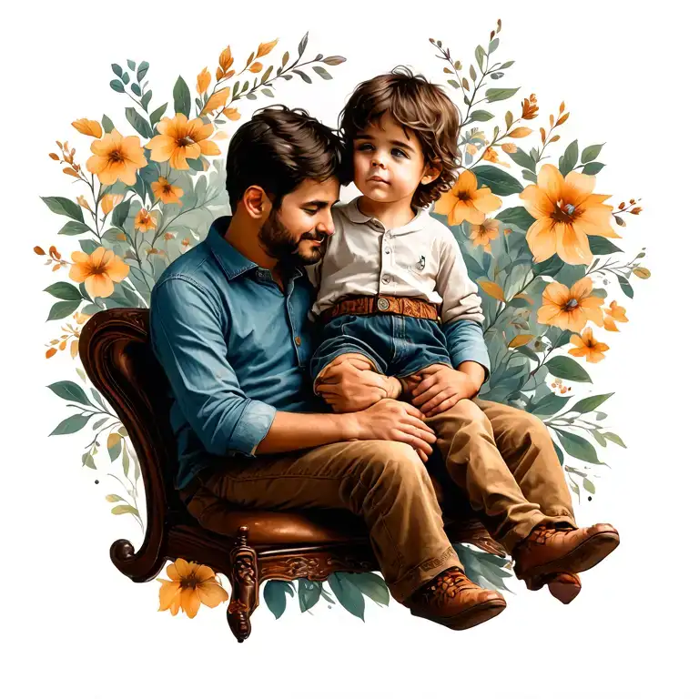 Small Young Boy Sitting Down On Fathers Lap
