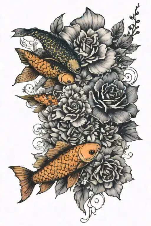 Koi Fish And Roses Mayflowers Hibiscus With Hints Of Blue And Minimal Shading - Line Work