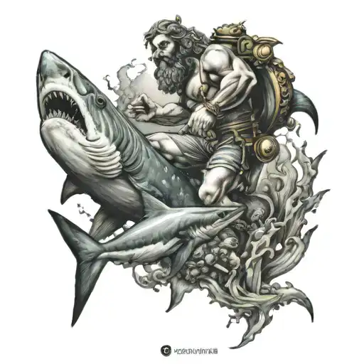 Underwater Poseidon Statue And Shark Swimming And Diver With Flashlight