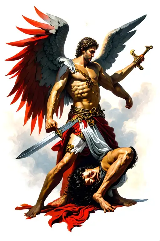 St Michael Defeating Fallen Angle Using His Sword Striking Him Down