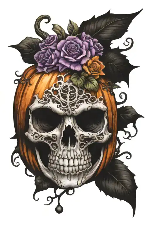 Halloween Pumpkin With Flowers And Pumpkins Skeletons Orange Black Purple