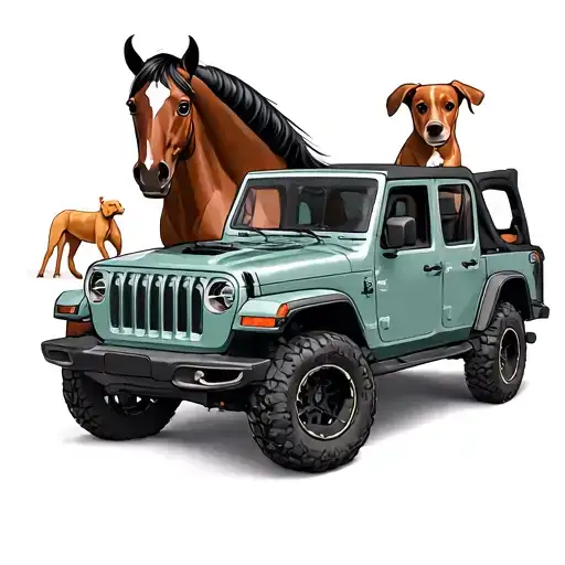 Stallion And Dog With Jeep And Dumble