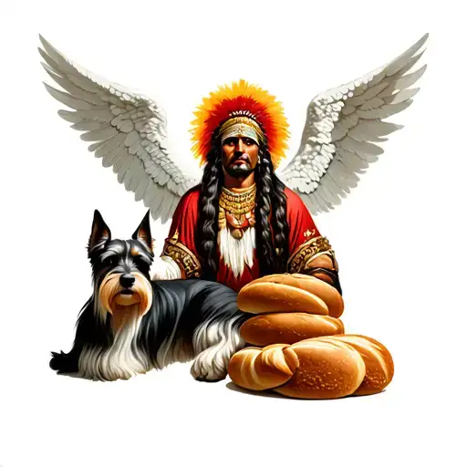 Warrion Indian With Breads With Schnauzer Gardian Angel Behind
