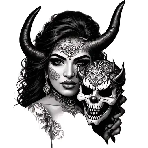 Chicana Woman With A Demon Mask In Her Hand