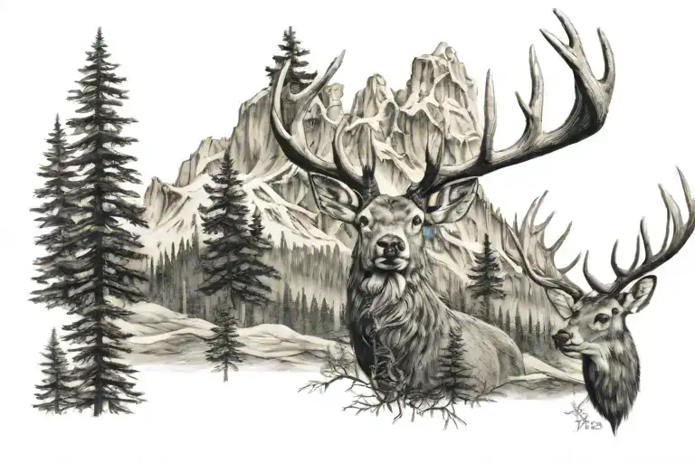 Forrest With Mountains And Deer Antlers